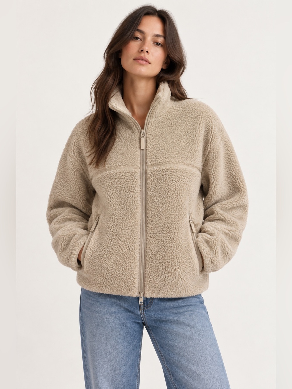 Aritzia TNA Sherpa Teddy Fleece Full Zip Jacket Beige XXS